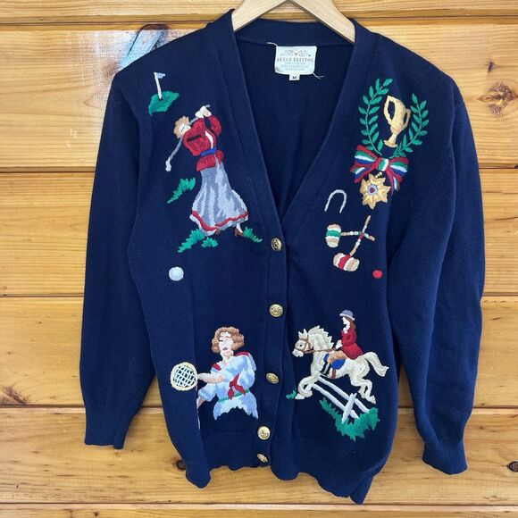 Susan Bristol Sweaters - Susan Bristol Vintage 90s Embroidered Women Sports Navy Cardigan Sweater Medium